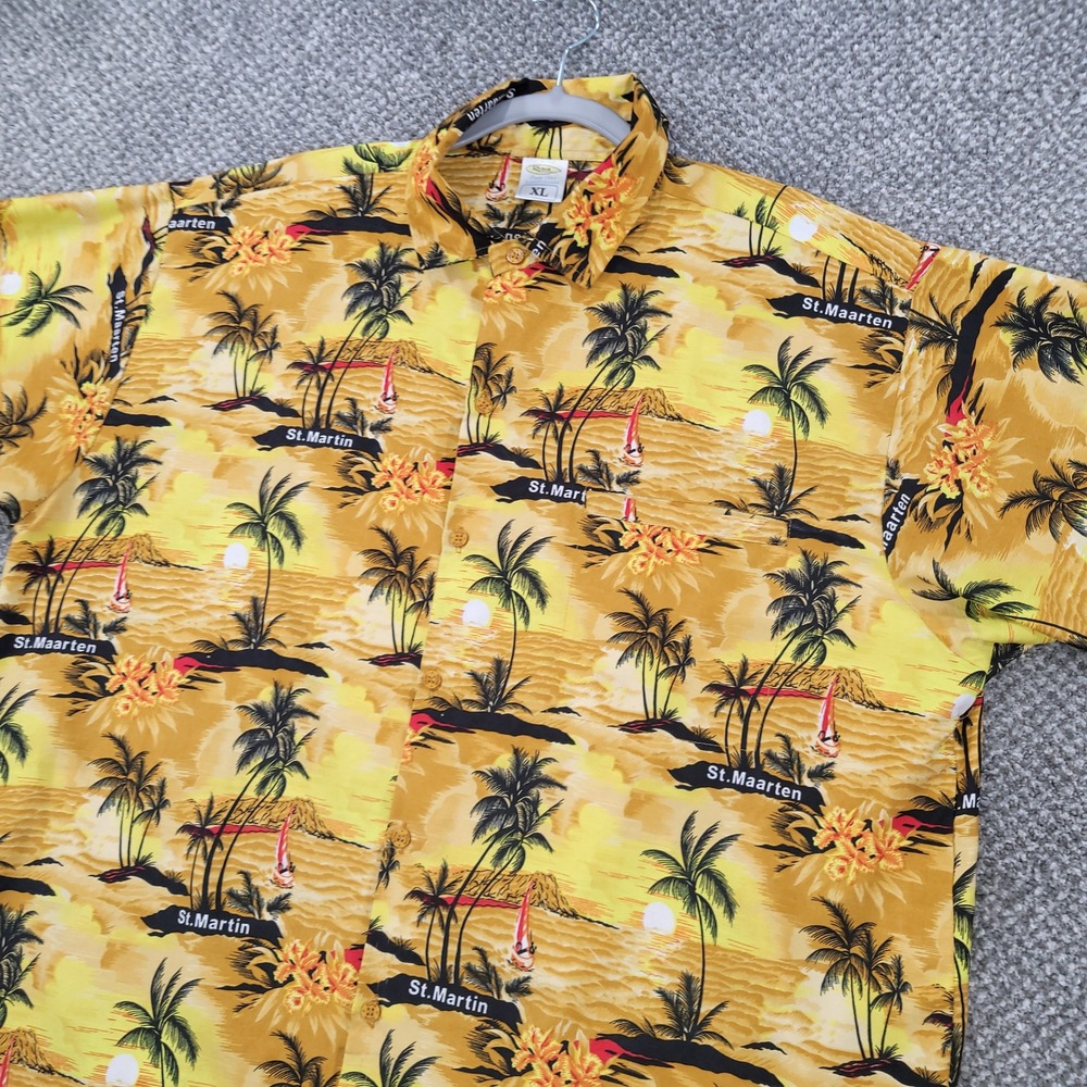 Rima St Maarten Hawaiian Shirt Mens XL Yellow Tropical Palm Tree Terivoile Aloha